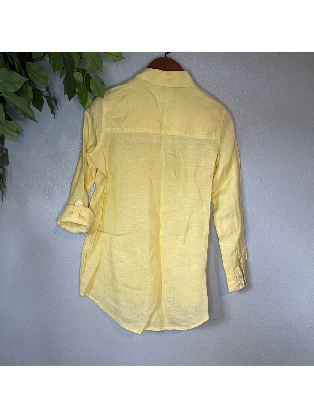 Yellow Linen Button Front Blouse Sigrid Olsen Roll Tab Sleeve Coastal Shirt - Picture 5 of 5